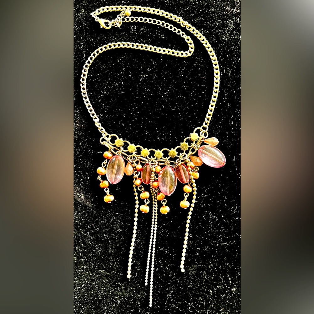Boho Beads & Chain Necklace 18”Adjustable Costume Jewelry Pre Owned